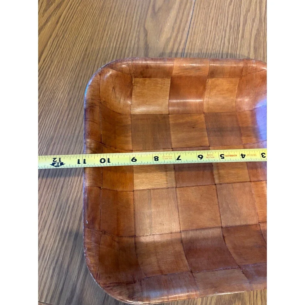 Vintage 1970s Bamboo Serving Bowl  platter Parquet Woven Wood Square 11” salad